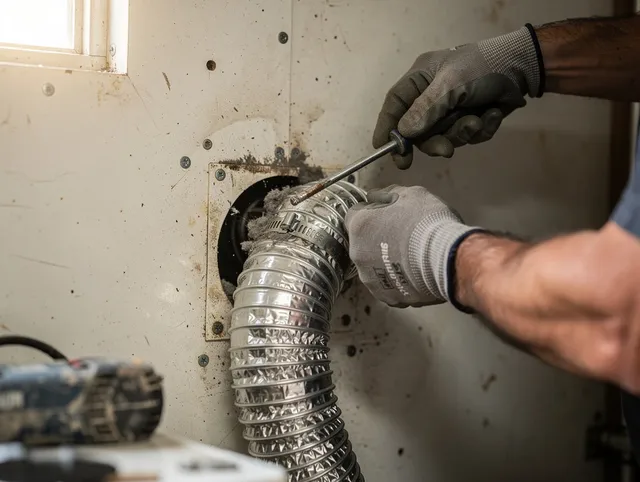 Lakewood Dryer Vent Cleaning technician performing precise dryer vent hose installation in Lakewood